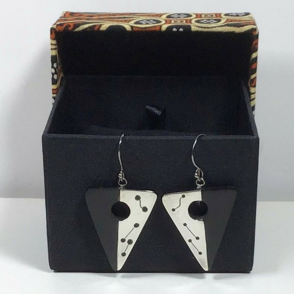 Wood Silver Triangle Triangular Dangle Earrings - Picture 2 of 4